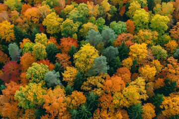 Aerial top view of autumn forest. Texture of forest view from above.