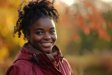 Young beautiful African American woman walking in the park in autumn. Autumn park, yellow leaves, autumn atmosphere