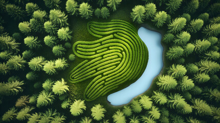 Top view, a curved road is flanked by dense forests and grasslands, fantastical landscapes, best for view wallpaper and nature background