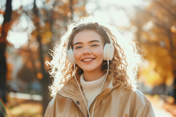 Young beautiful blonde woman with headphones walking in autumn park. Autumn park, yellow leaves, autumn atmosphere