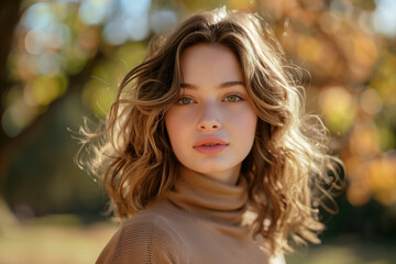 Fototapeta premium Young beautiful blonde woman walking in autumn park. Autumn park, yellow leaves, autumn atmosphere