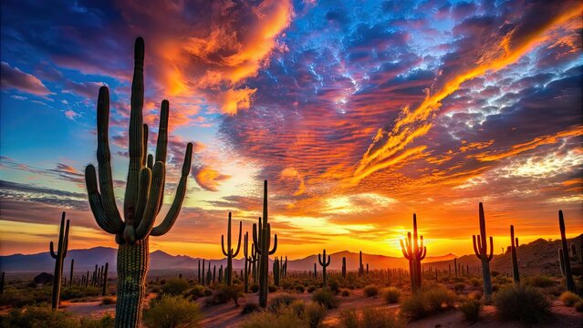 Cactus landscape in Phoenix at sunset, featuring silhouettes of desert plants against a colorful sky, Phoenix, Arizona, sunset