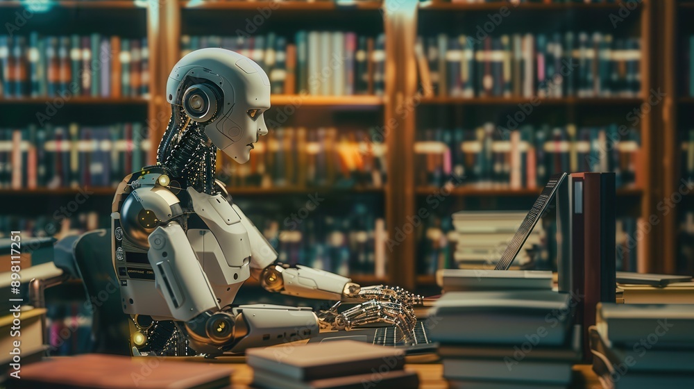 Poster an artificial intelligence sits in a library, working on a laptop with stacks of books nearby. gener
