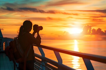 Photographer capturing a breathtaking sunset from the deck of a ship, set against a vibrant sky.