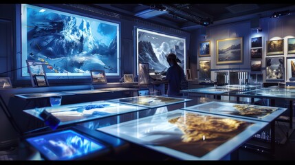 futuristic art studio where digital artists create hyper-realistic digital paintings on interactive glass tablets