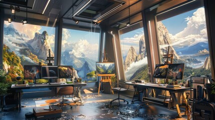 futuristic art studio where creators use digital canvases to paint with virtual brushes that simulate real-world textures and effects