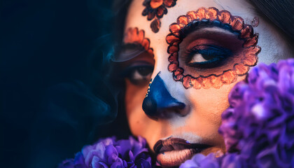 frau, sch&ouml;nheit, gesicht, halloween, dia, de, los, muertos, maske, make-up, schinke, model, neu, close up, copy space, maskerade, kunst, fasching, gestalten, leitbild, party, glamour, venediger, haar,