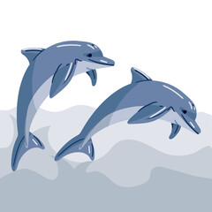 Obraz premium Flat two blue dolphins in a jump. Cute dolphins jump into the water. An oceanic aquatic animal is a dolphin. Vector flat cartoon illustration on the background of waves sea animals