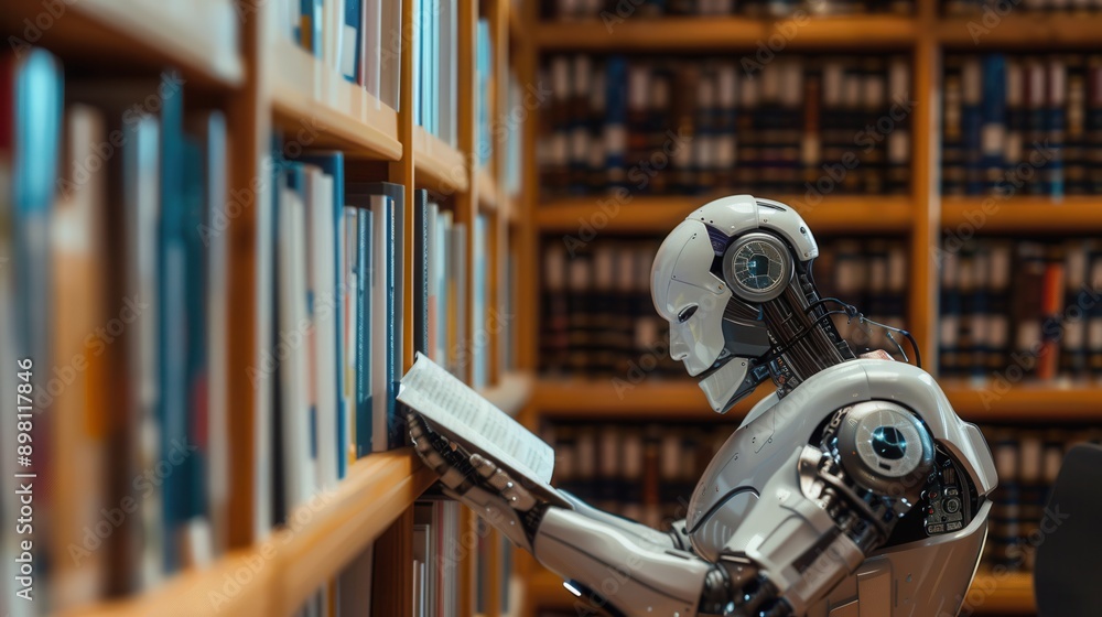 Fototapete An AI robot is shown reading a book while standing in a library surrounded by bookshelves. Generative AI