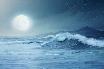 Fototapeta premium Full moon illuminating turbulent ocean waves under a dark, rainy night sky.