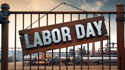 A text "Labor Day" on a sign in a factory