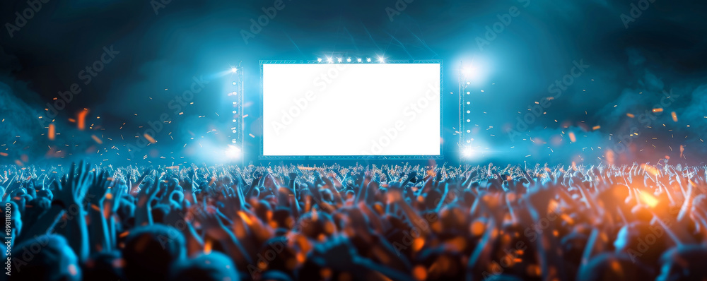 Wall mural blank white billboard mockup standing tall at a vibrant music festival ground