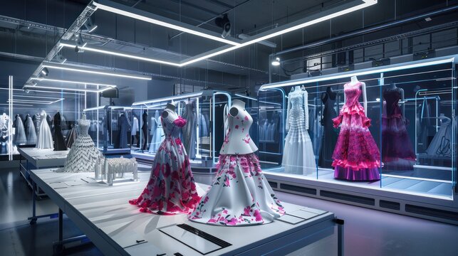 futuristic fashion tech studio where designers use 3D scanning and printing to create custom garments on-demand