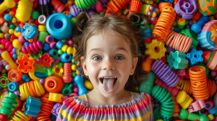 Top view of girl's face surrounded by many toys. Flat lay of kid lying in the plenty plastic and wooden colorful toys with fun emotion showing tongue