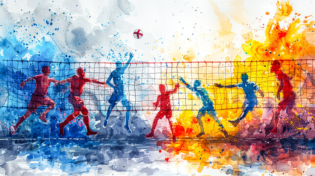 Dynamic Bossaball Game - Players Jumping and Spiking Ball on Trampoline in Vibrant Watercolor Style