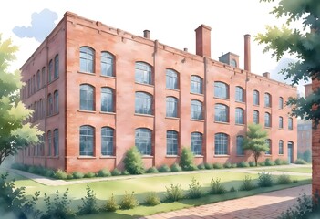 Fototapeta premium Watercolor a closeup old, historical factory building illustration