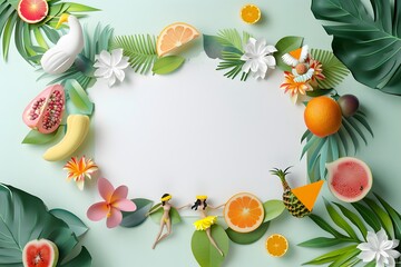 Tropical background with paper-cut fruits, flowers, and leaves forming a vibrant frame
