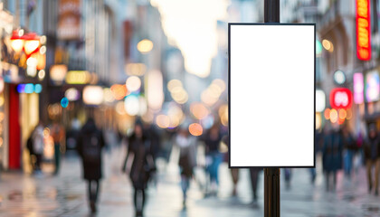 Fototapeta premium Blank White Billboard Mockup Standing Out in Busy Pedestrian Street Activity