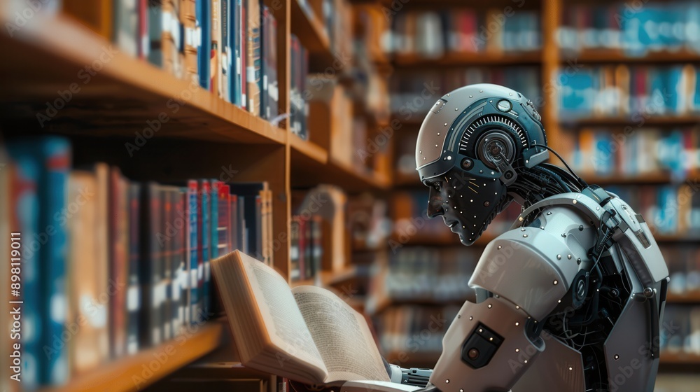 Poster a robotic figure, likely an ai, sits in a library, immersed in reading a large book. generative ai
