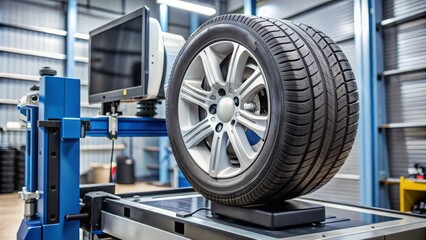 Modern car tire positioned on computerized wheel balancing machine, undergoing precise alignment and rotation in well-equipped workshop setting.