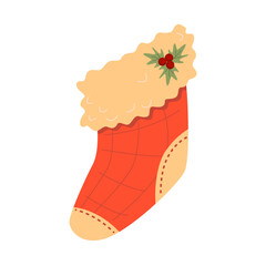 Vector Christmas stocking isolated on a white background. Traditional holiday sock decorated holly branch. 