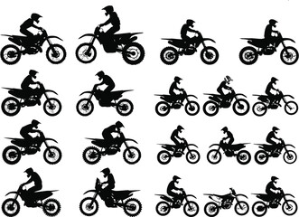 Naklejka premium A silhouette illustration collection showcases various motorcycles and bicycles in different angles and styles. The set includes detailed depictions of dirt bikes and road bikes