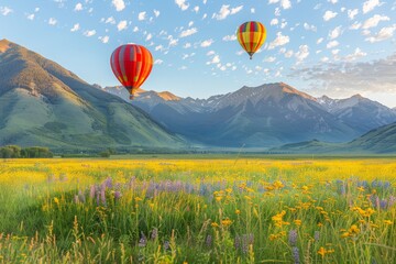 Fototapeta premium Majestic sunset hot air balloon flight over stunning mountains and lush green meadows