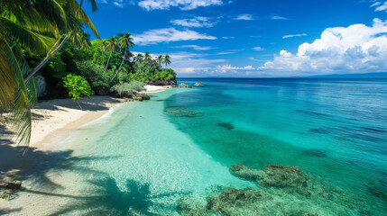 Fototapeta premium A beautiful beach with a clear blue ocean and palm trees in the background