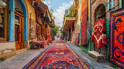 Fototapeta premium Vibrant carpets line the streets of an ancient Tbilisi bazaar, adding a splash of color to the historic district.