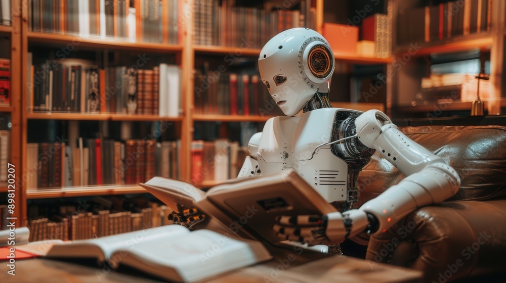 Poster an artificial intelligence robot sits in a library, reading a book while surrounded by bookshelves f
