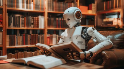 Fototapeta premium An artificial intelligence robot sits in a library, reading a book while surrounded by bookshelves filled with volumes. Generative AI