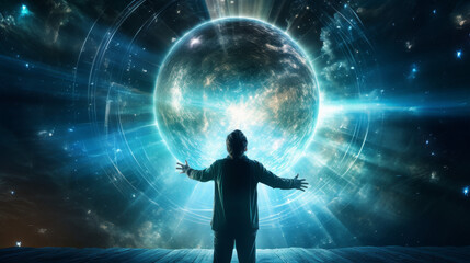 Fototapeta premium Man Catching a Planet in Space - Movie Poster