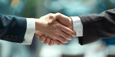 Obraz premium Professional Business Handshake: Corporate Partnership Sealed in 4K Detail. Close-up of Executives Finalizing Deal in Office Meeting. Symbol of Trust, Collaboration, and Successful Negotiation. High-D