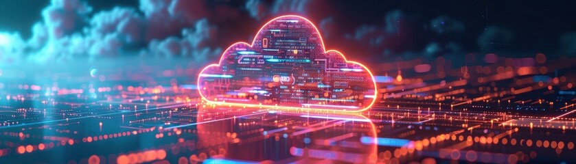Obraz premium Futuristic Cloud Computing Concept with Neon Lights and Digital Data Visualization