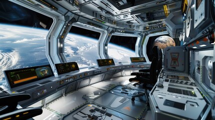 futuristic space station module designed as a remote office, with high-tech controls and views of Earth from space