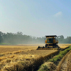 Obraz premium Harvesting Rice Field with Combine Harvester