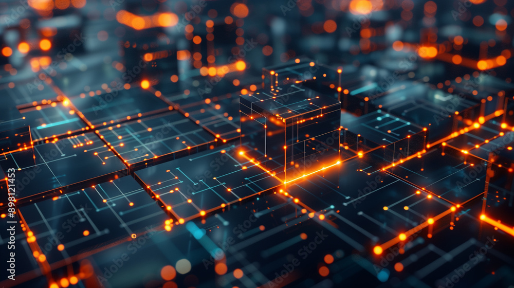 Poster a computer chip with a grid of orange and blue lights. the image is of a cityscape with a lot of tec