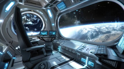 Obraz premium futuristic space station module designed as a remote office, with high-tech controls and views of Earth from space
