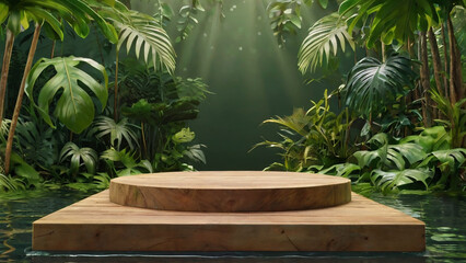Wood podium jungle tree nature leaf tropical cosmetic summer forest plant garden stage wooden table. Natural product placement pedestal stand display, jungle paradise concept.
