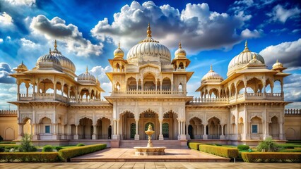 Obraz premium Majestic grandeur of ornate palace architecture with regal arches, columns, and domes set against a serene blue sky backdrop.