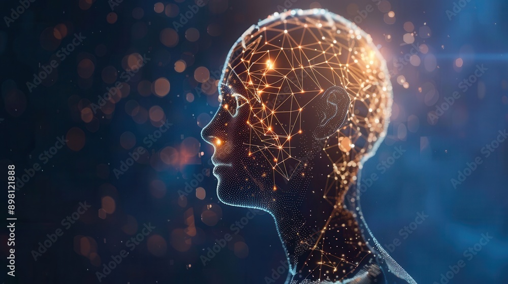 Aufkleber A digital rendering of an AI's head, composed of glowing lines and points, is depicted against a dark blue background. Generative AI