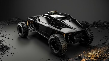 Concept car in black, built for extreme speed and power. Fast car with gold details, designed for high-performance transport.