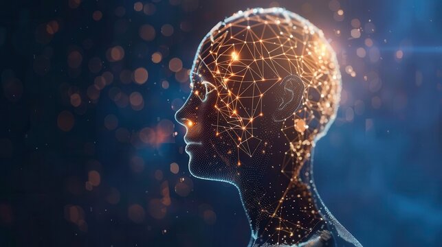 A digital rendering of an AI's head, composed of glowing lines and points, is depicted against a dark blue background. Generative AI