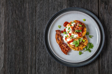 tasty cheese sweet corn pancakes with fried bacon