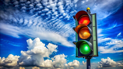 Traffic signal with bright red stop light and green go light illuminated against a clear blue sky with fluffy white clouds in the background.