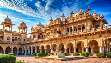 Naklejka premium Majestic grandeur of ancient royal architecture with ornate facades, sweeping arches, and regal columns set against a serene blue sky backdrop.
