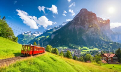 Famous electric red tourist panoramic train in swiss village Lungern, canton of Obwalden, Switzerland