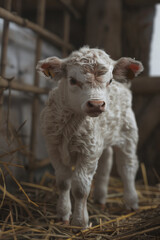Fototapeta premium Newborn Calf in Barn Environment