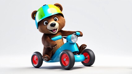 A 3D rendered bear riding a tiny tricycle, wearing a colorful helmet and grinning widely, isolated on white background