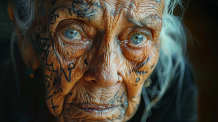 A woman with blue eyes and tattoos on her face